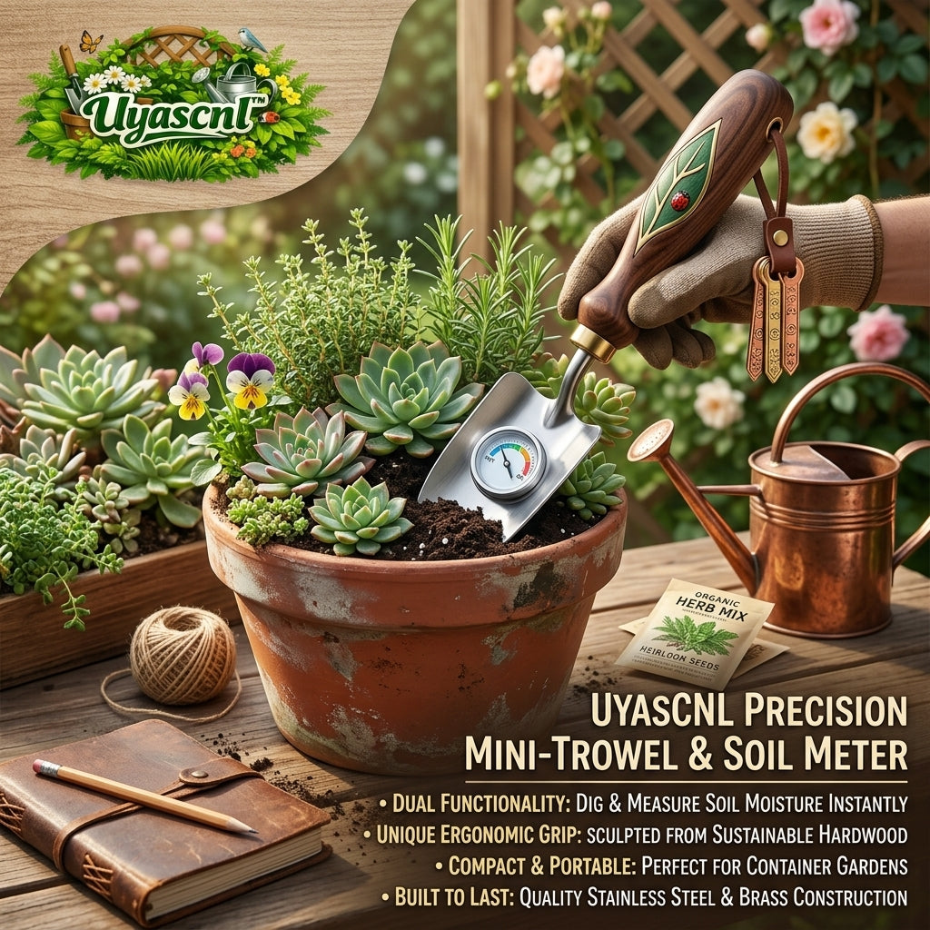 Uyascnl™ 2-in-1 Precision Mini Trowel & Soil Moisture Meter | Premium Ergonomic Hardwood Handle Garden Hand Shovel | Heavy-Duty Stainless Steel Transplanter for Succulents, Houseplants & Container Gardening