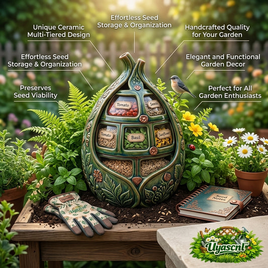 Uyascnl™ Ceramic Seed Storage Organizer – Handcrafted Multi-Tiered Seed Keeper for Heirloom Seeds, Decorative Garden Container with Seed Notebook & Gardening Gloves, Rustic Plant Organizer for Garden Enthusiasts