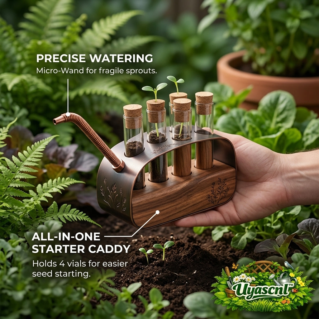 Uyascnl™ 4-Tube Propagation Station & Seed Starter Kit – Decorative Desktop Plant Terrarium with Integrated Precision Watering Wand – Elegant Copper & Wood Holder for Cuttings, Sprouts, and Herbs