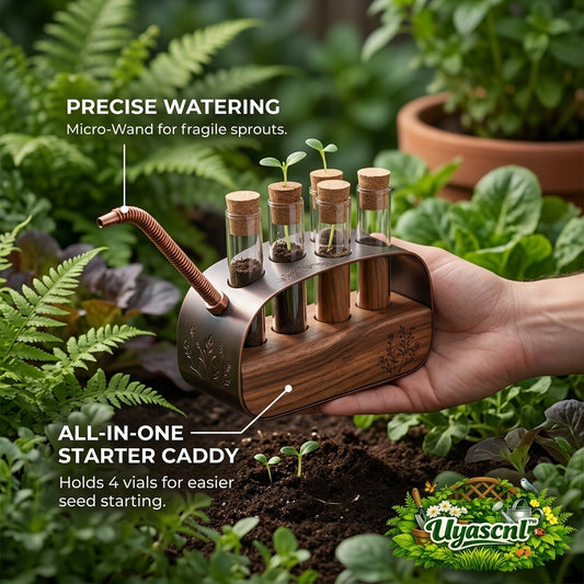 Uyascnl™ 4-Tube Propagation Station & Seed Starter Kit – Decorative Desktop Plant Terrarium with Integrated Precision Watering Wand – Elegant Copper & Wood Holder for Cuttings, Sprouts, and Herbs